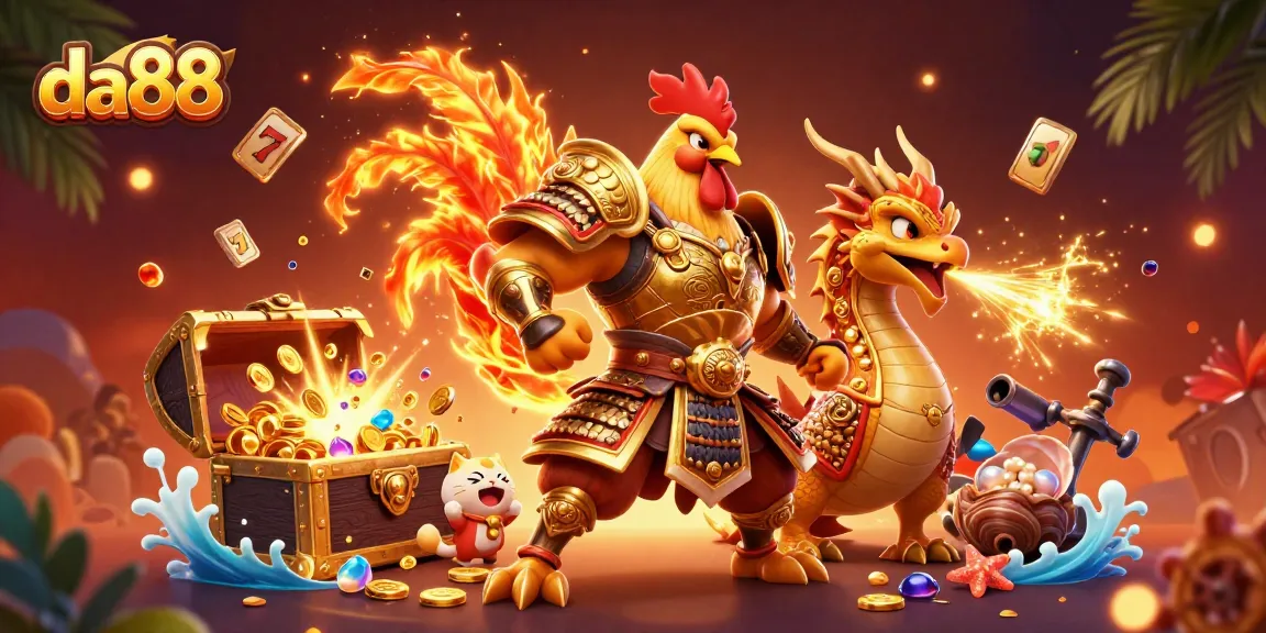 Experience thrilling action at da88 with a vibrant 3D scene featuring a rooster warrior and dragon hatchling.