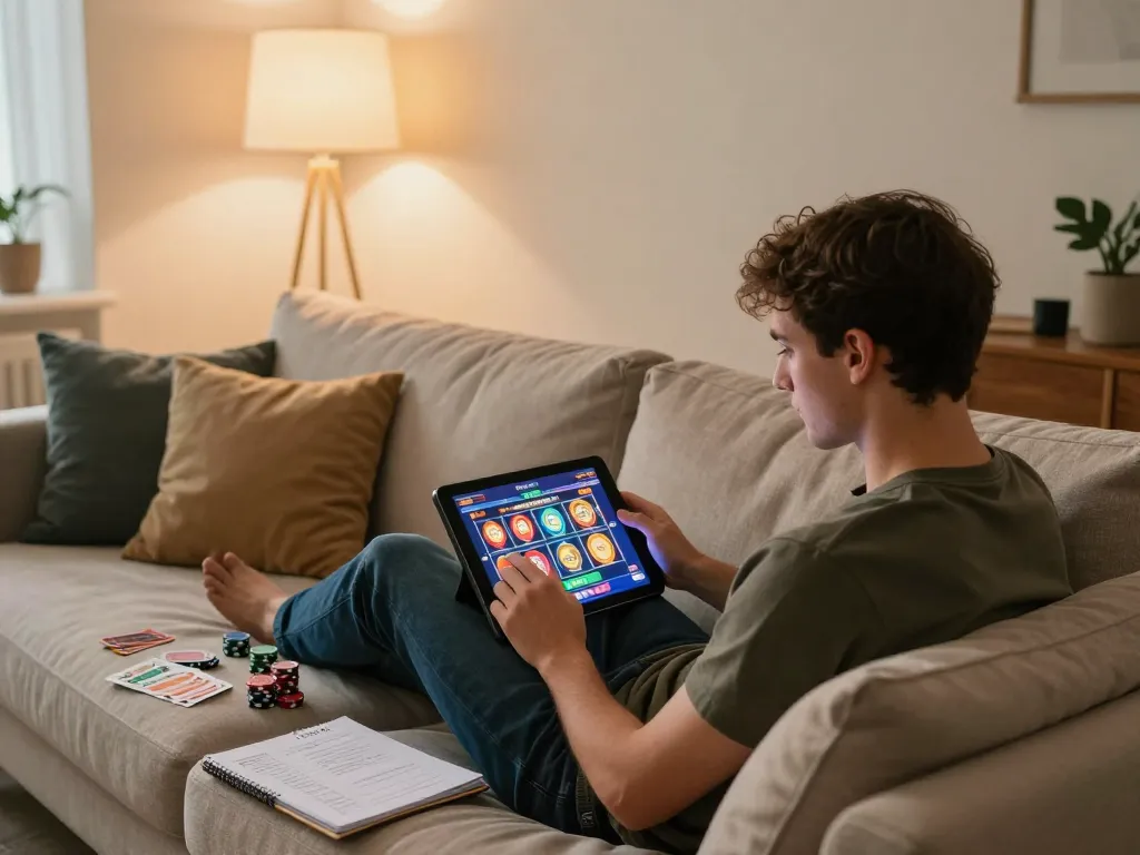 Player engaging with nhacaiuytinn on a tablet in a cozy home environment, showcasing online gaming.