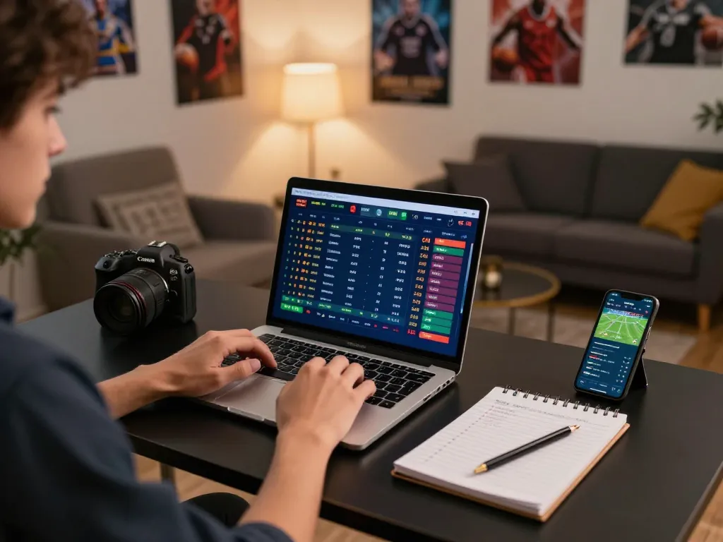 Bongdalu sports betting scene with an engaged player analyzing live betting odds on a laptop.