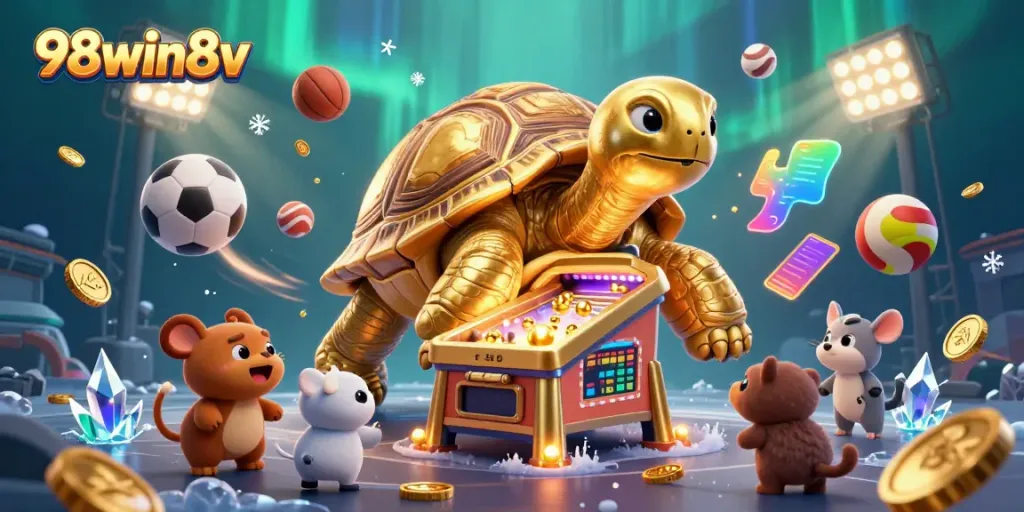 Engage in thrilling gameplay at 98win8v with a vibrant scene featuring animated casino elements and excitement.