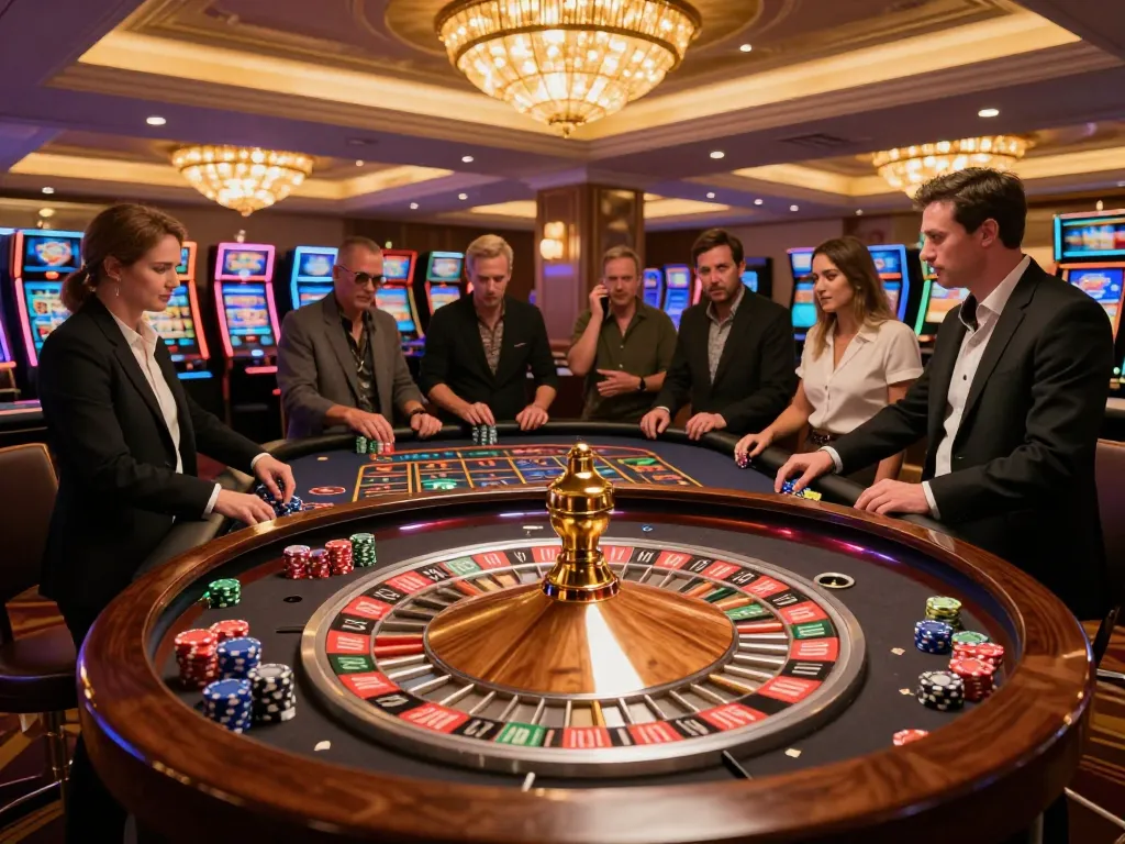 Watch players engage at may88's roulette table with vibrant chips and spinning wheel.