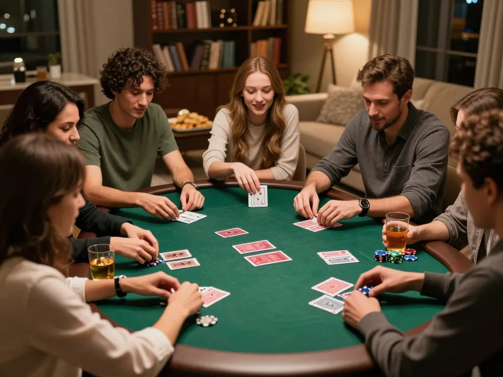Player strategizing with chips and cards at a home poker night showcasing 258bet's gaming experience