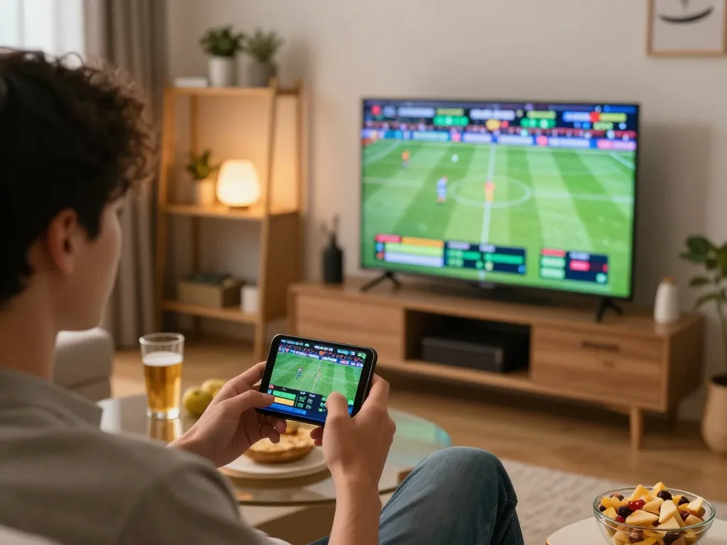 Placing sports bets on 88club app while enjoying live sports in a cozy room.