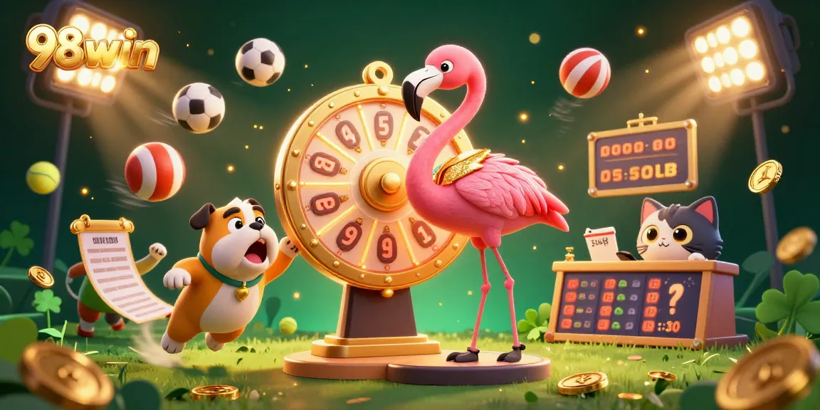 Join the excitement at 98win with a vibrant scene of gambling fun featuring a golden prize wheel and dynamic sports elements.
