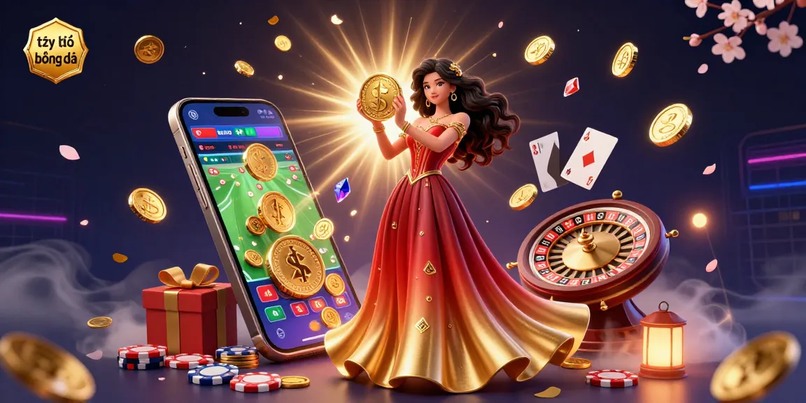 Experience thrilling tỷ lệ bóng đá sports betting with a stunning Asian woman symbolizing luck, surrounded by coins and a colorful gaming atmosphere.