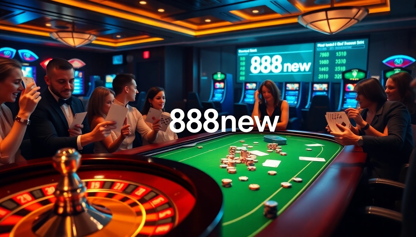 Exciting casino atmosphere featuring poker, roulette, and vibrant gaming elements showcasing 888new.