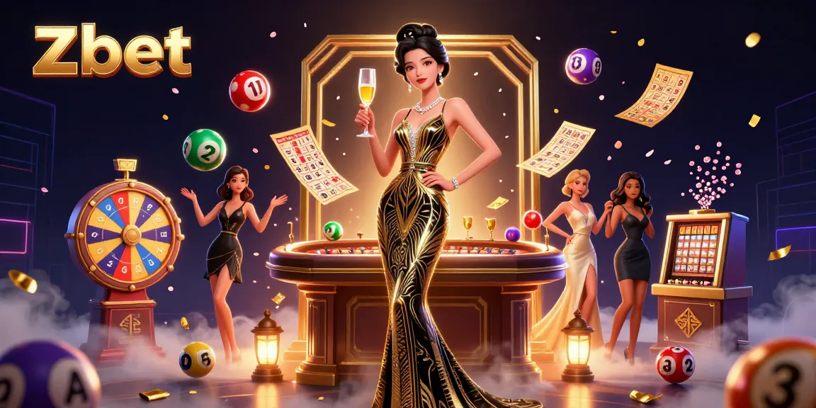 Zbet captivates with a glamorous Asian woman celebrating wins with games and colorful lottery elements.