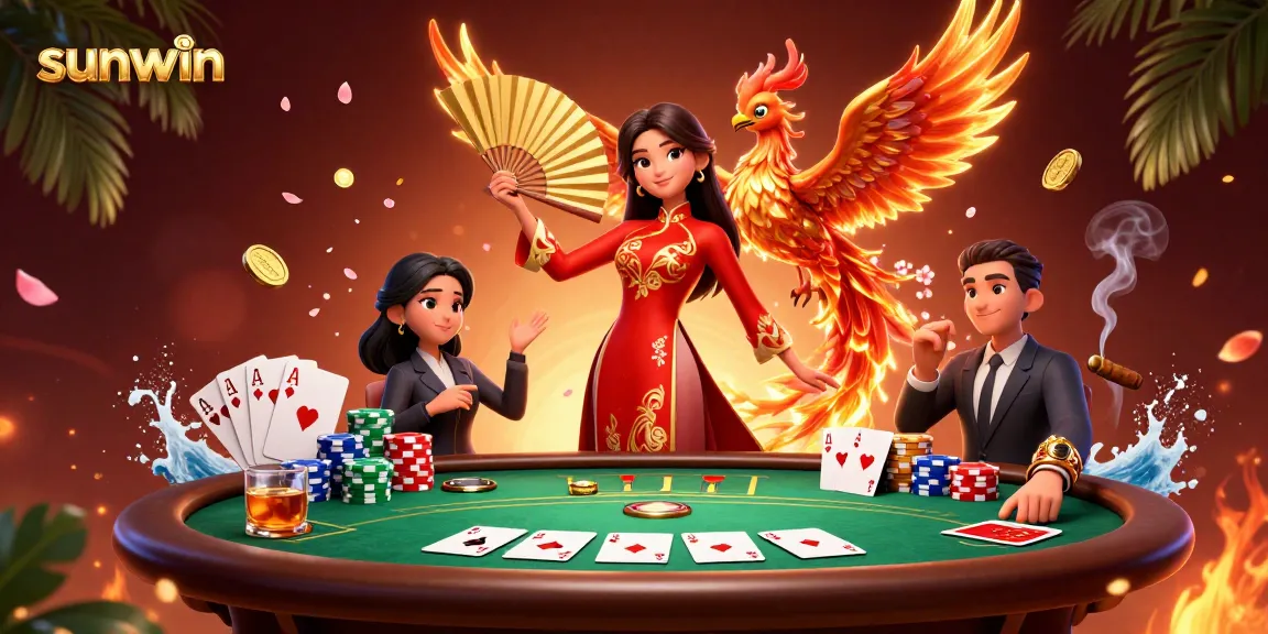 Experience thrilling gameplay at sunwin with poker and vibrant casino elements in this dynamic 3D illustration.