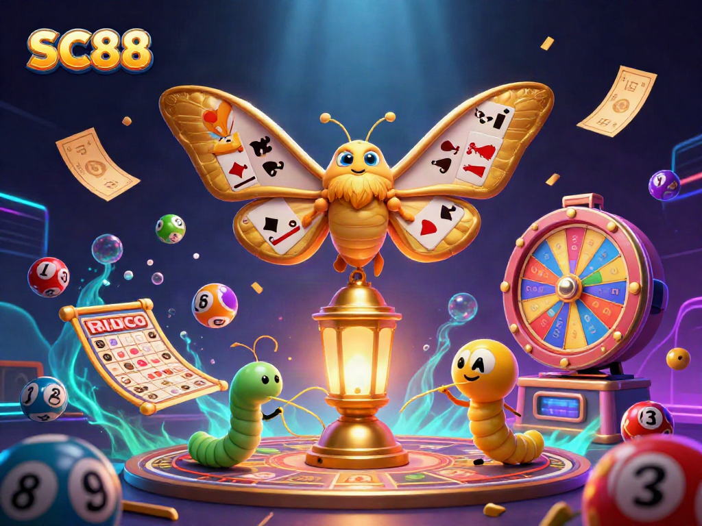 Experience excitement in SC88 casino games with dynamic elements like colorful lottery balls and a vibrant moth.