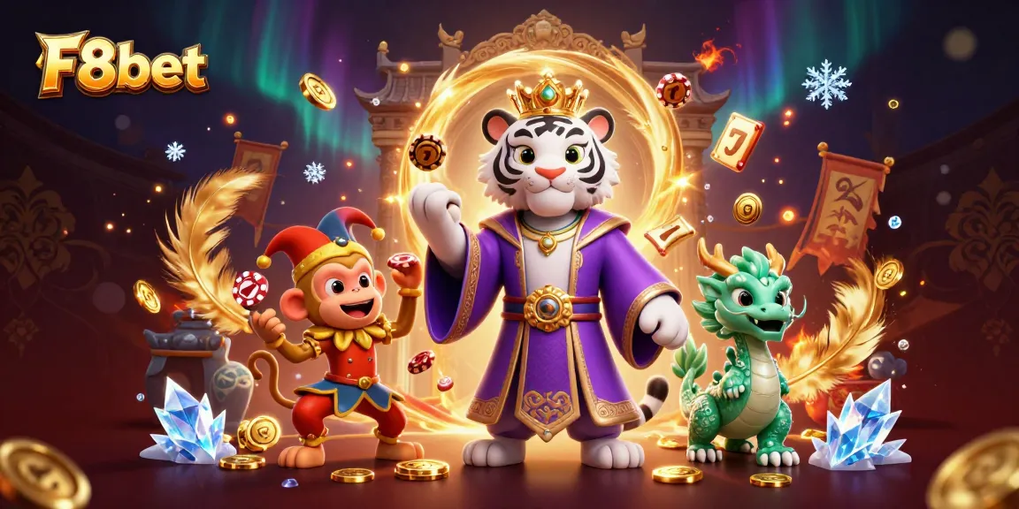 Experience the thrilling world of F8bet with an illustration featuring a white tiger, a golden monkey, and a jade dragon amidst vibrant casino elements.