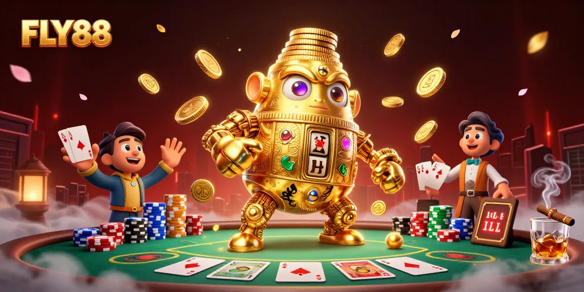 Experience exhilarating gaming with FLY88's golden golem at a vibrant poker table.