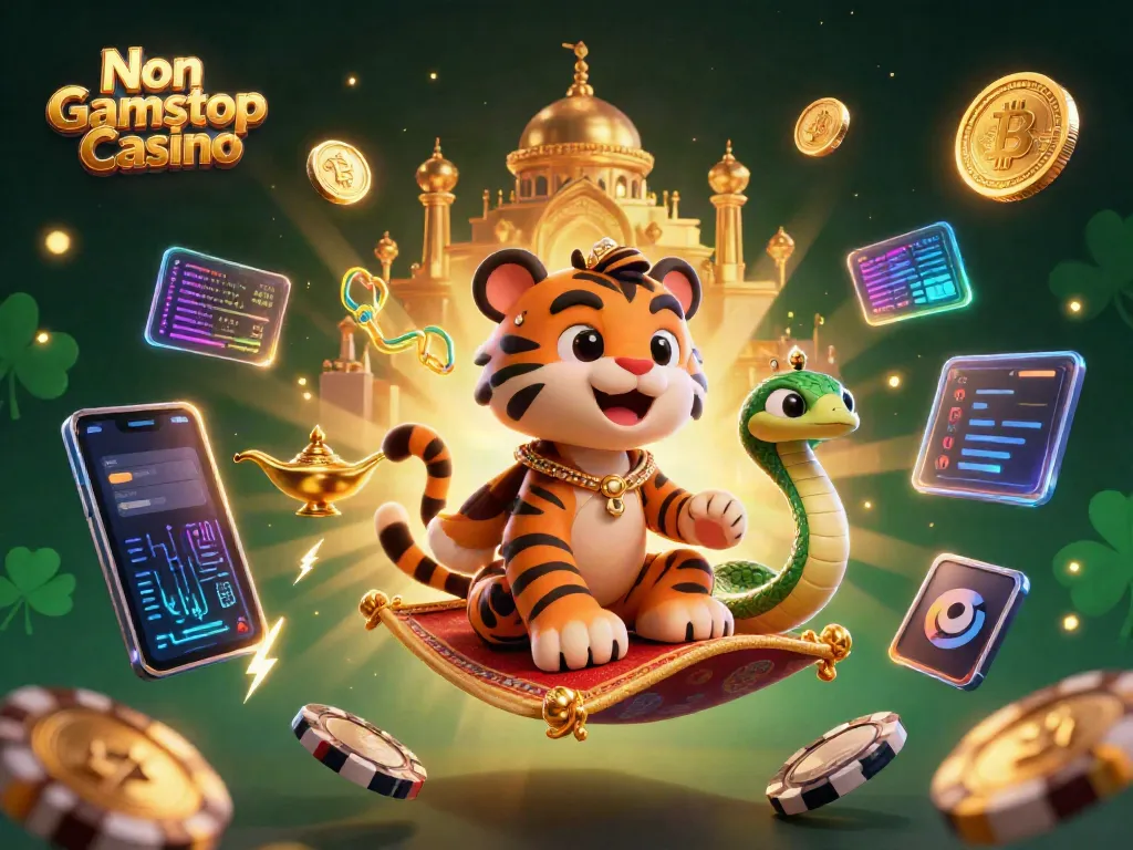 Experience the thrill of a Non Gamstop Casino adventure with a vibrant 3D illustration of a tiger sultan on a magic carpet.