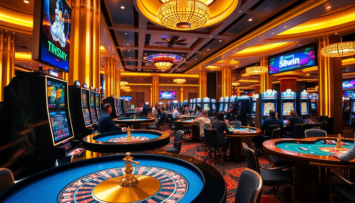 Experience the excitement of 58win with vibrant casino games, glowing chips, and thrilled players.