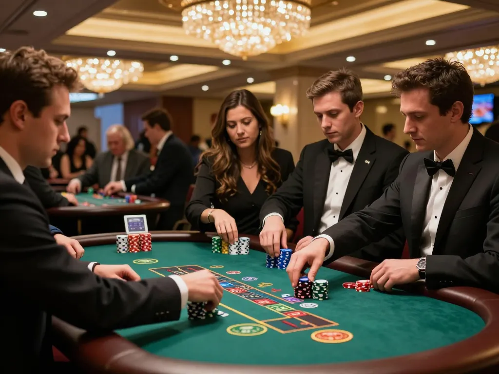 llwin players strategizing bets at a high-stakes blackjack table in an upscale casino.