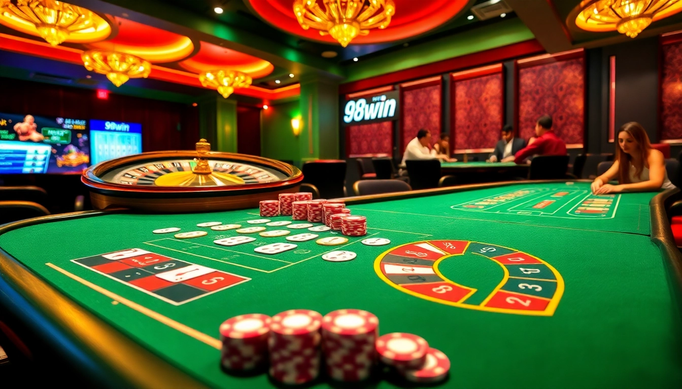 Play at 98win's luxurious casino with vibrant blackjack tables and dynamic poker gameplay.