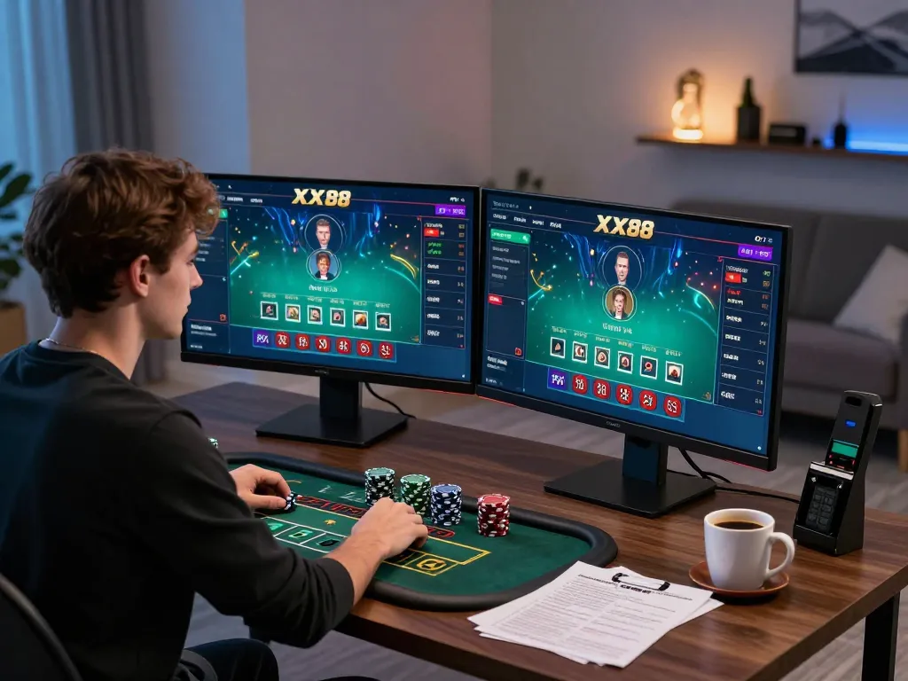 Experience the thrill of blackjack gameplay at XX88 with an elegant online gaming setup.