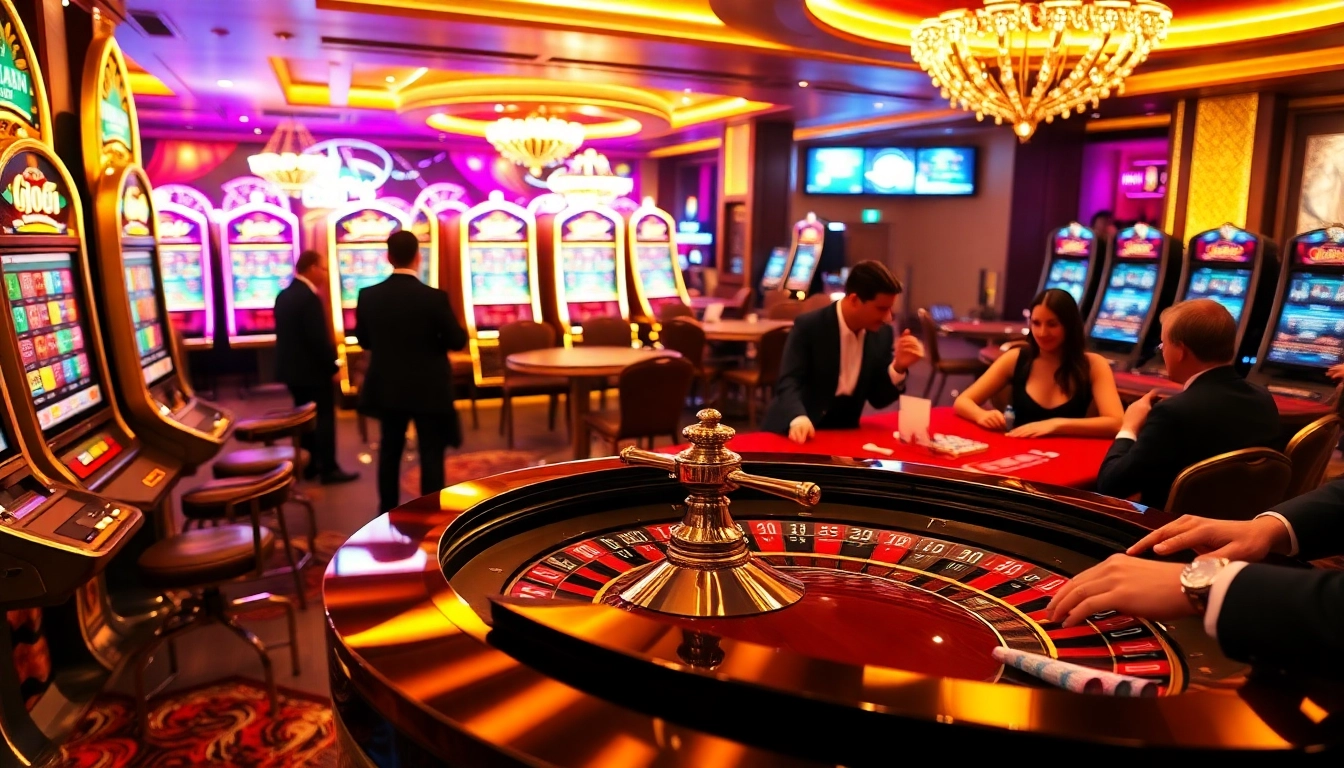 Experience J88’s thrilling casino environment with luxurious tables, vibrant slot machines, and excited players.
