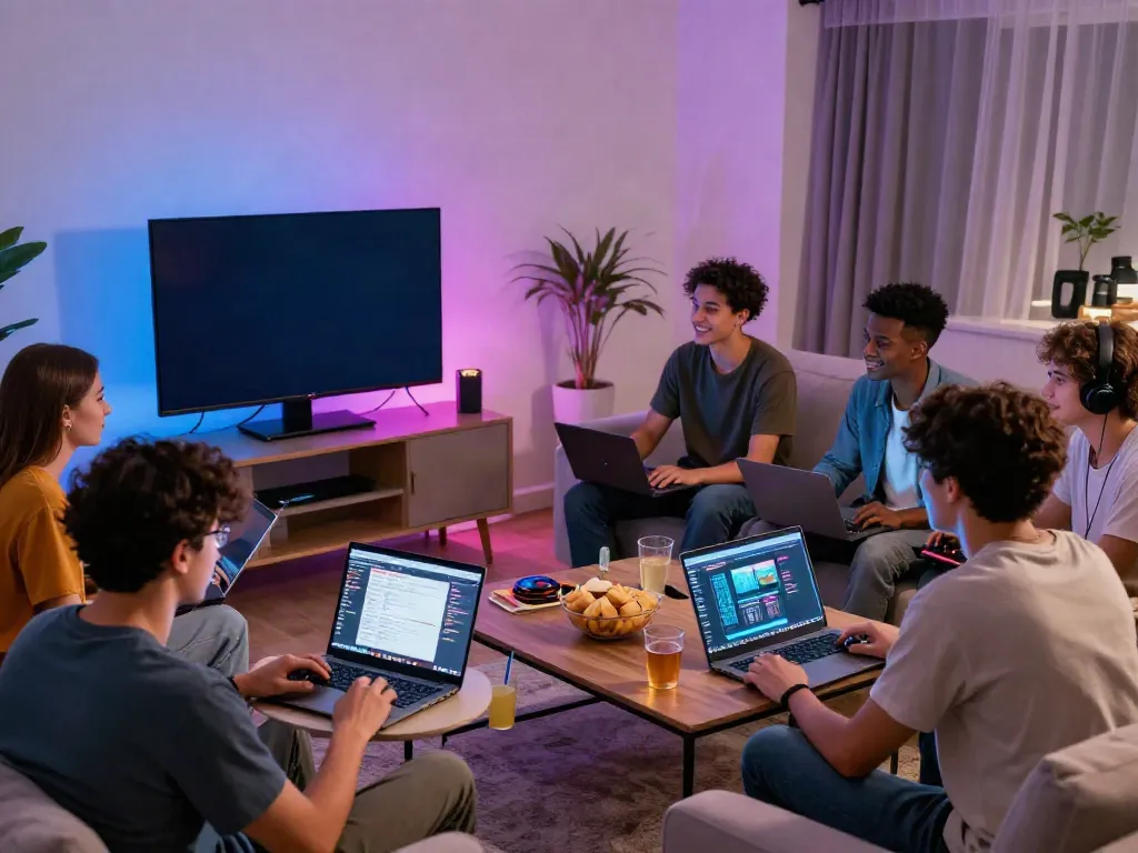 Friends enjoying a gaming night with DA88 in a vibrant living room setting.