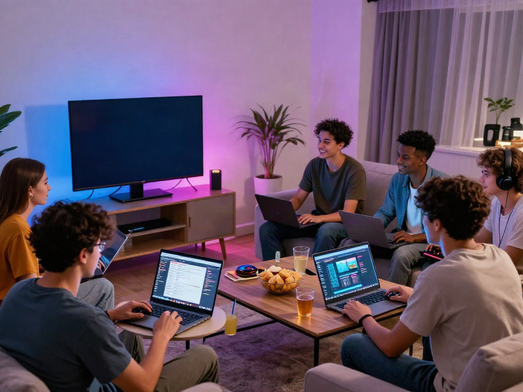 Friends enjoying a gaming night with DA88 in a vibrant living room setting.