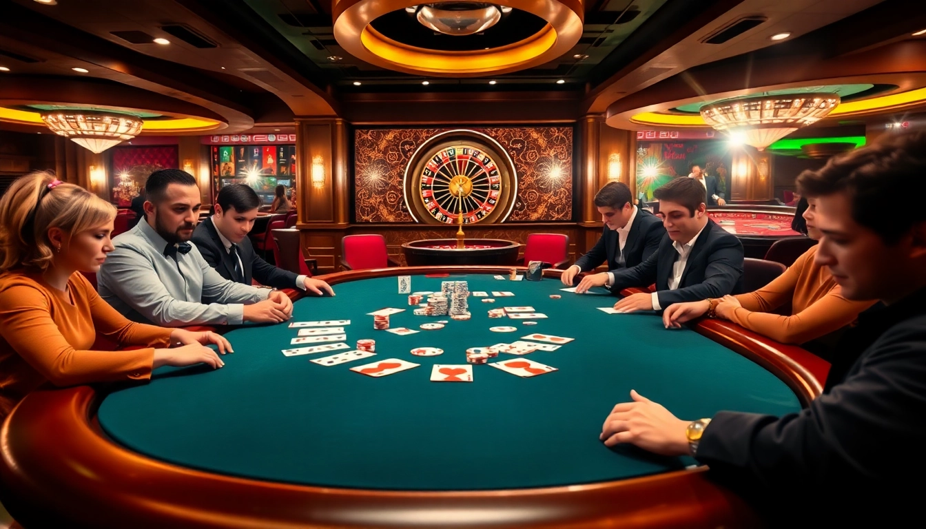 A thrilling poker game at a luxurious casino reflecting the excitement of E2BET's gambling experience.