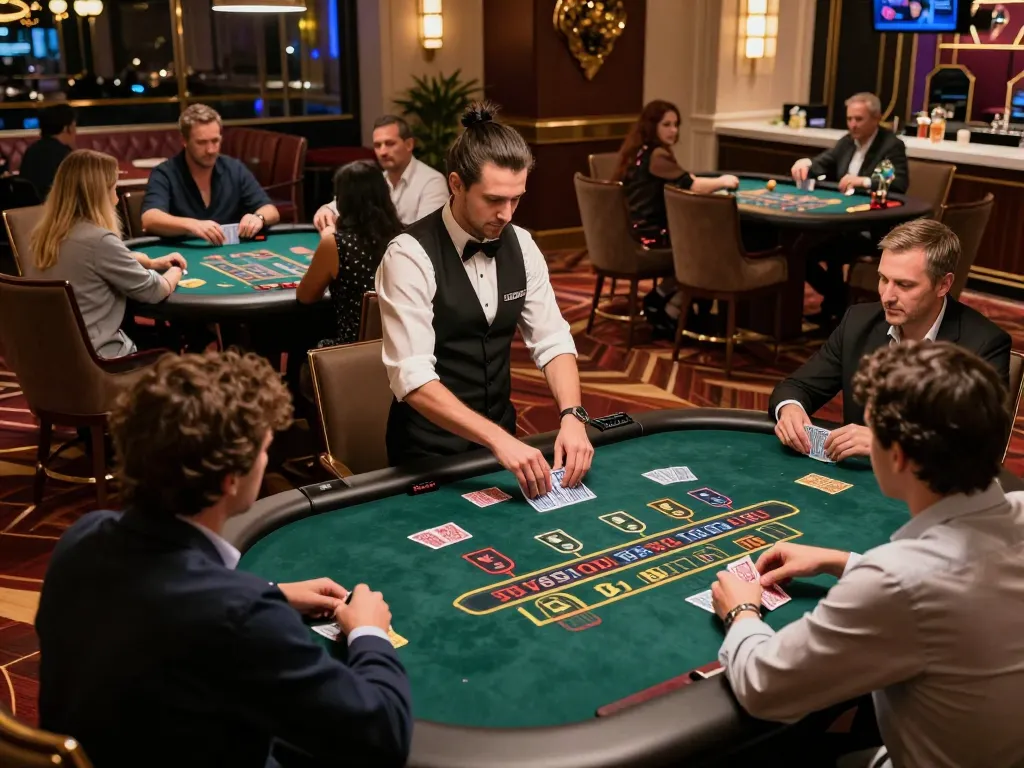 Tg88 players strategizing at blackjack tables in a luxurious casino environment.