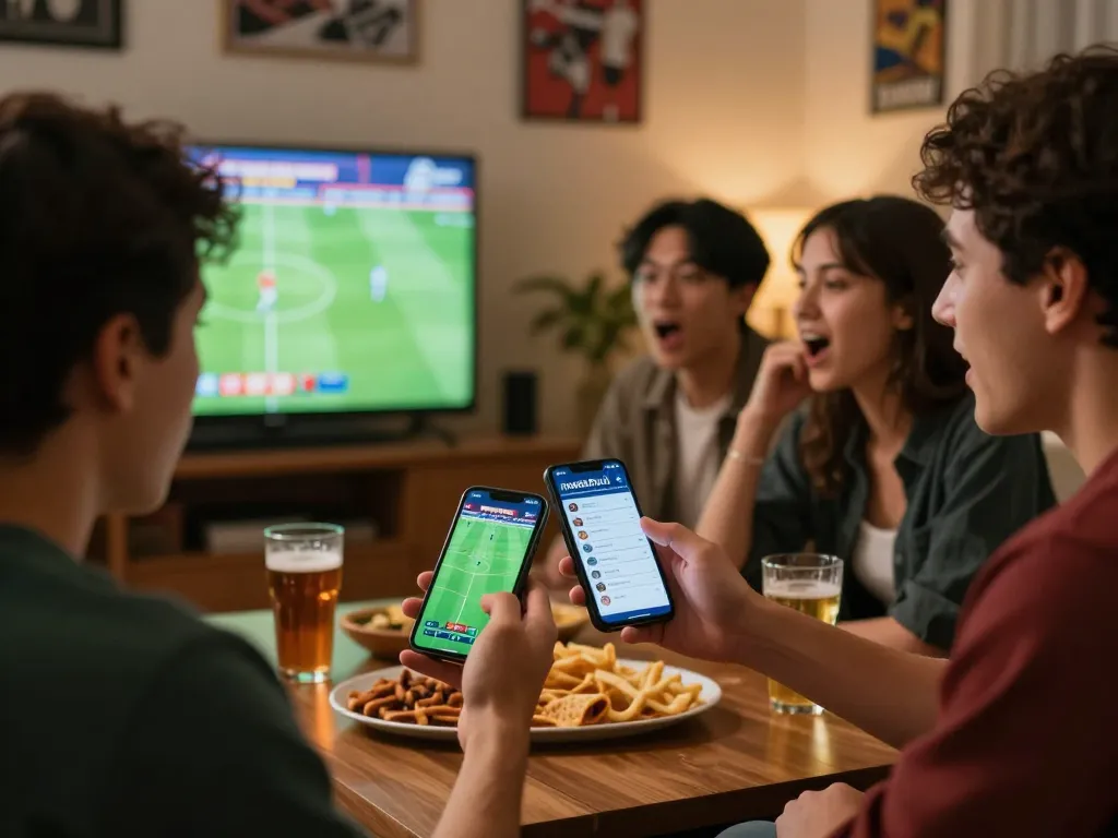 Engaged friends placing bets while watching a football match for ผลบอลวันนี้ in a lively home setting.