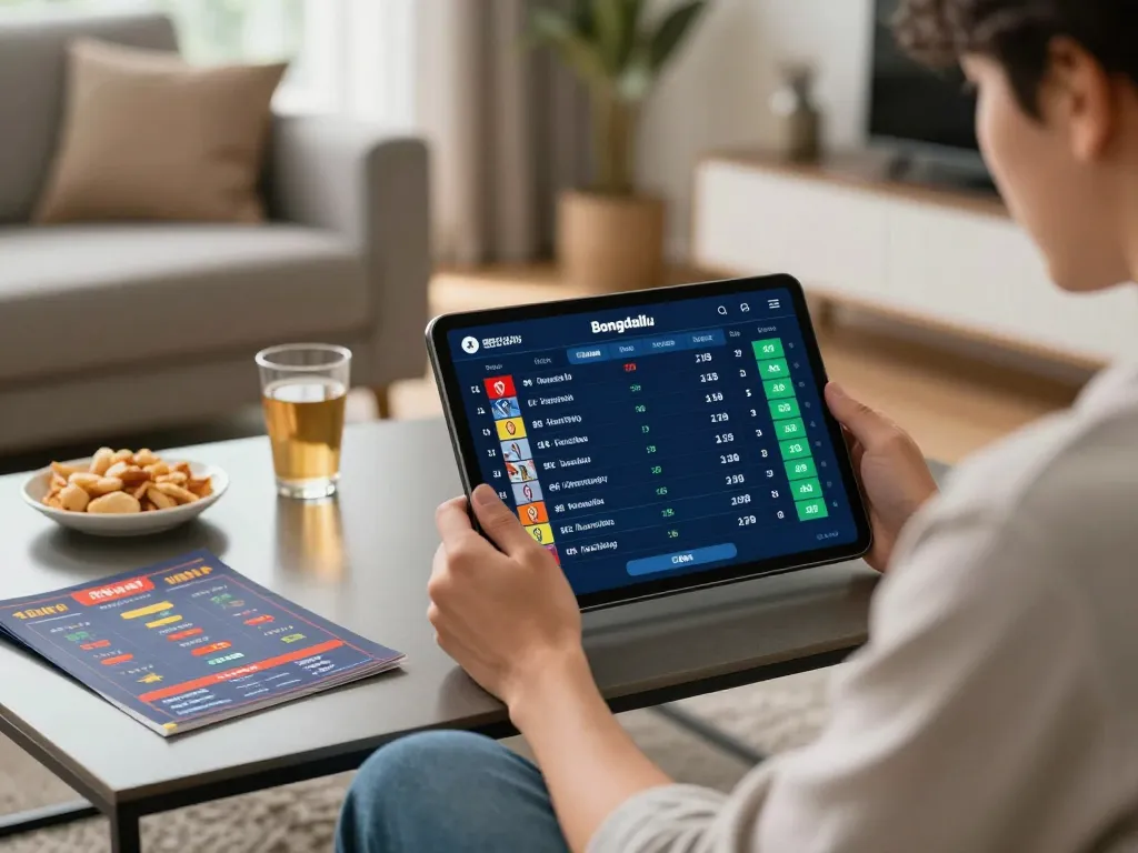 Bongdallu sports betting setup with live odds displayed on a tablet during an engaging home environment.