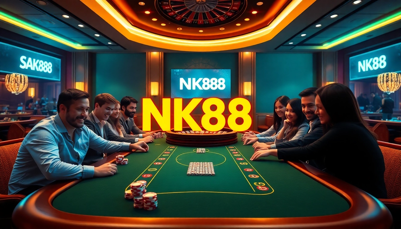 Players engage at an NK88 poker table, showcasing excitement in a luxurious casino setting.