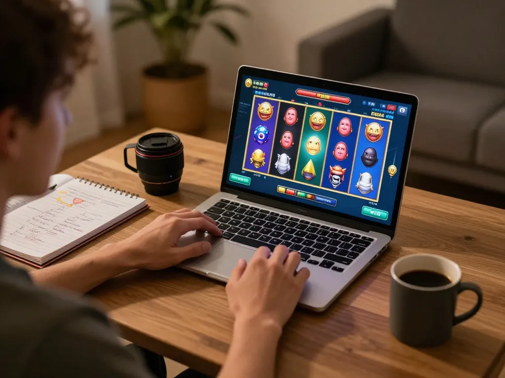 Player enjoying no hũ gameplay on laptop in a cozy home setting with notes