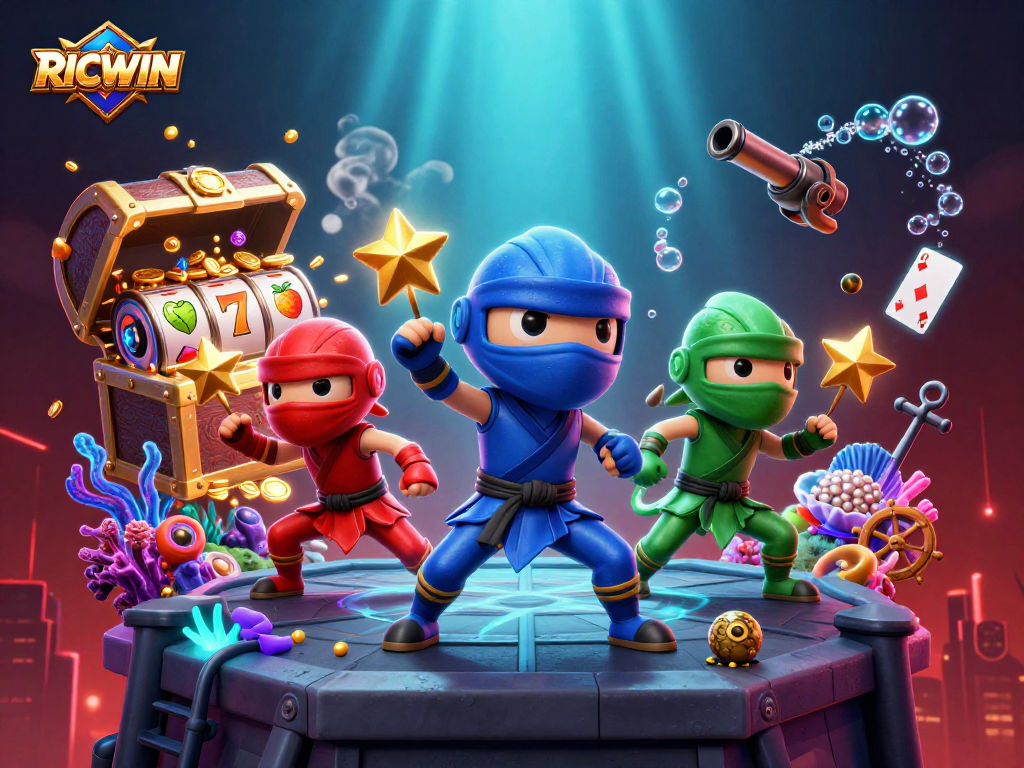 RICWIN showcases a vibrant 3D scene with ninja chameleons amidst dazzling slot reels and treasures.
