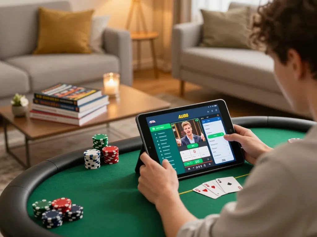 Engaging gameplay on Au88 app showcasing poker strategies in a cozy home setting.