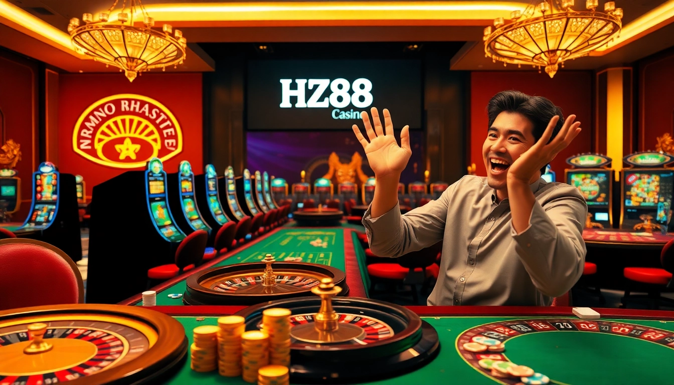 Players enjoying a thrilling online casino game at HZ88 with vibrant slot machines and poker chips.