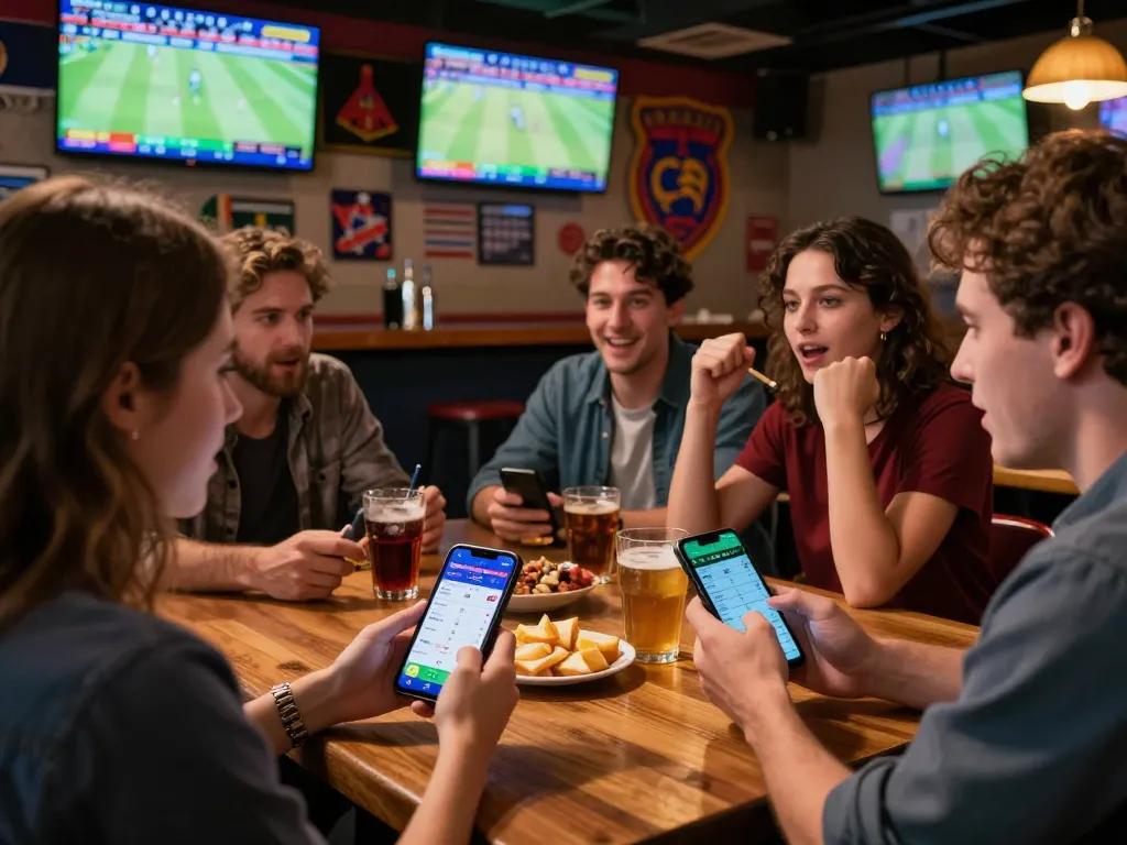 Sports betting excitement with friends placing bets on mobile devices and watching live game action, featuring ty le keo nha cai prominently.