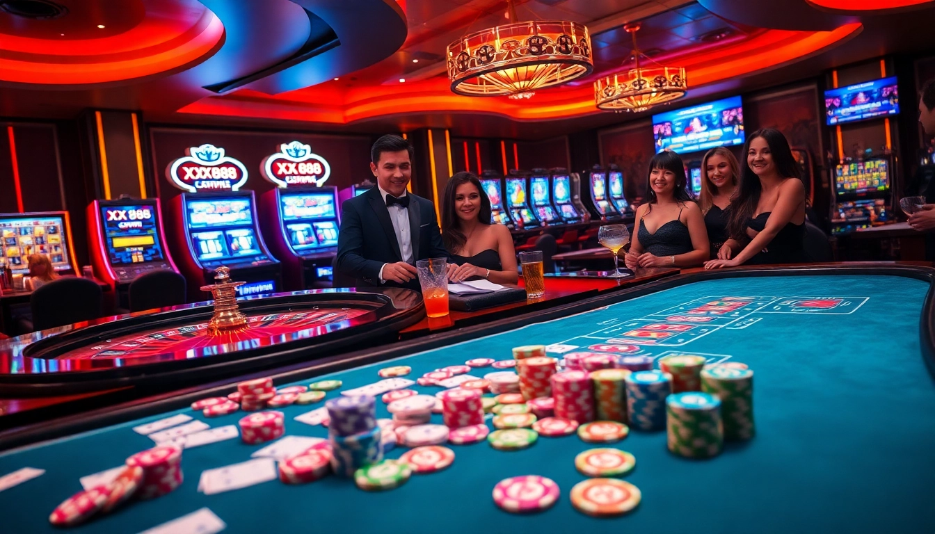 Gambling action at an elegant casino table featuring XX 88 with vibrant chips and cards.