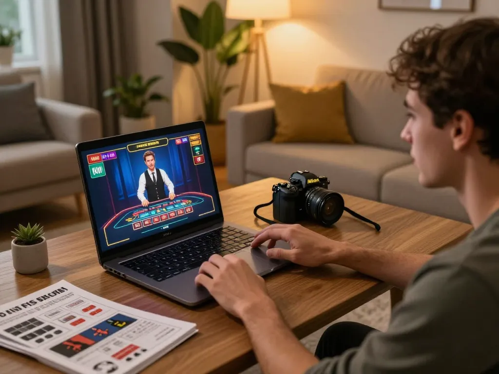 Engaging with a live dealer game on 78win in a stylish home gaming setup.