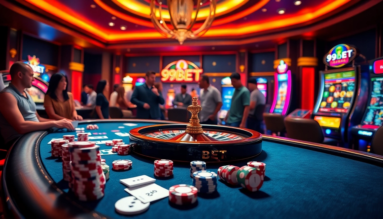9BET gaming table with poker chips, cards, and a roulette wheel in an exciting casino atmosphere.