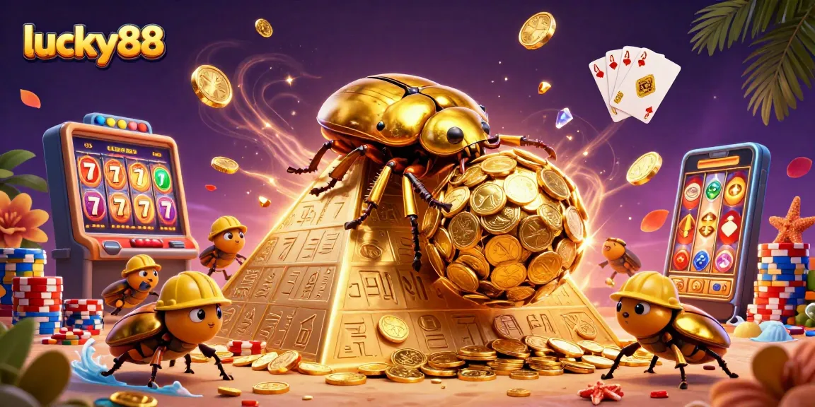 Engage in thrilling gameplay with lucky88, featuring golden beetles and casino symbols in a vibrant scene.