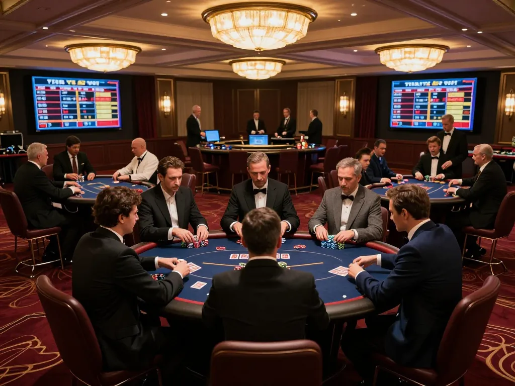 Players enjoying poker at nhà cái hello88's luxurious casino floor, highlighting strategic gameplay.