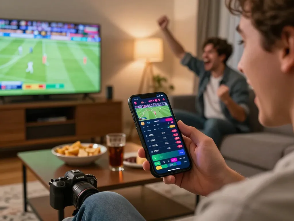 Person engaging in kèo nhà cái betting on mobile app during live sports, displaying excitement.