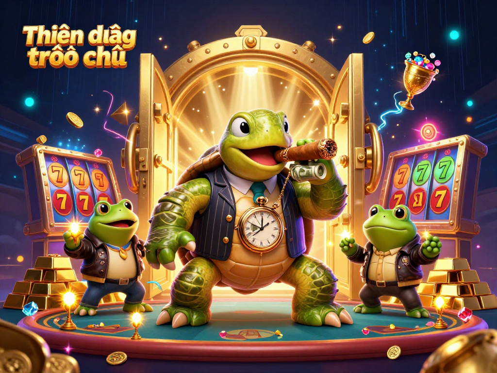 Experience the excitement of Thiên đường trò chơi with a massive turtle mobster and treasures in this detailed illustration.