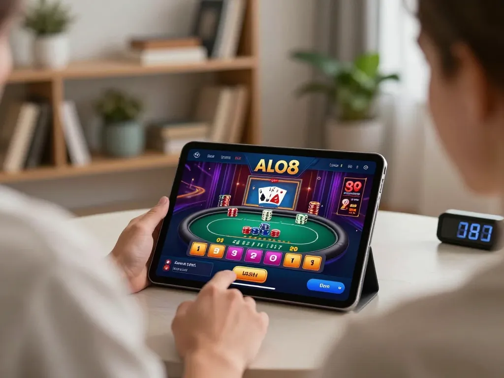 Player engaged in online ALO8 casino game on tablet in cozy home setting