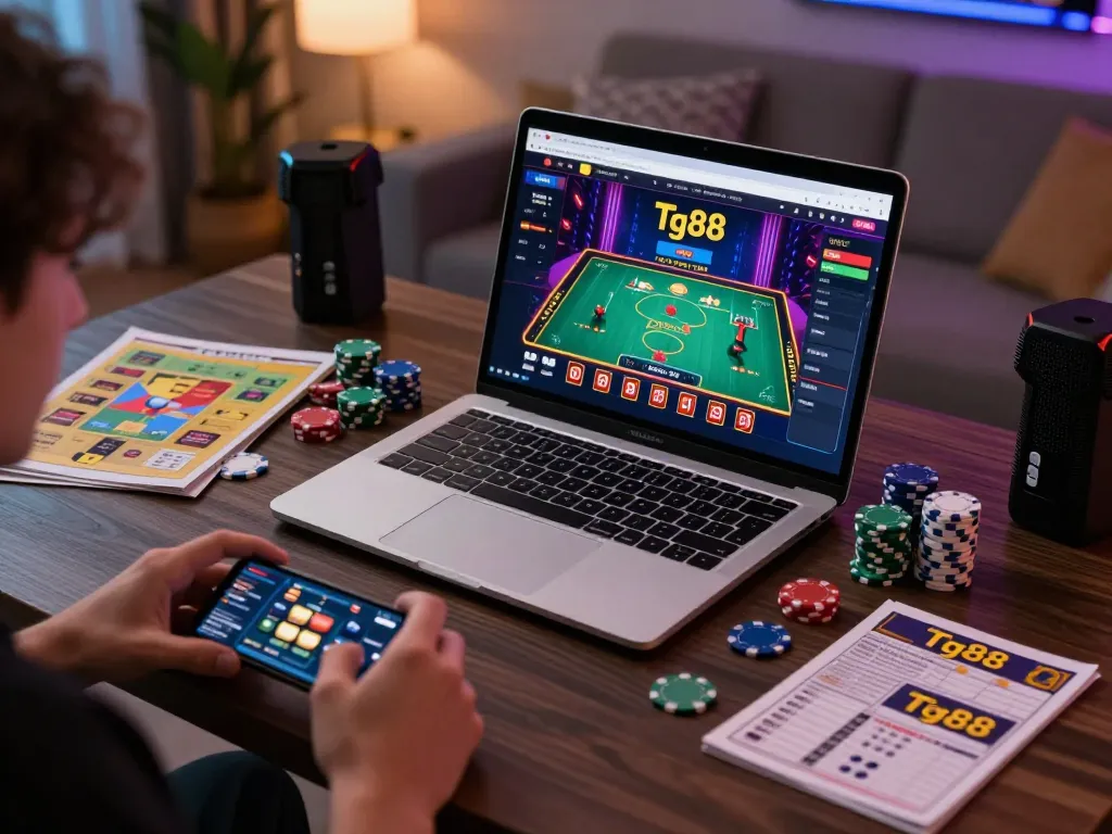 Tg88 online gaming setup with laptop displaying live dealer game and poker chips on desk.