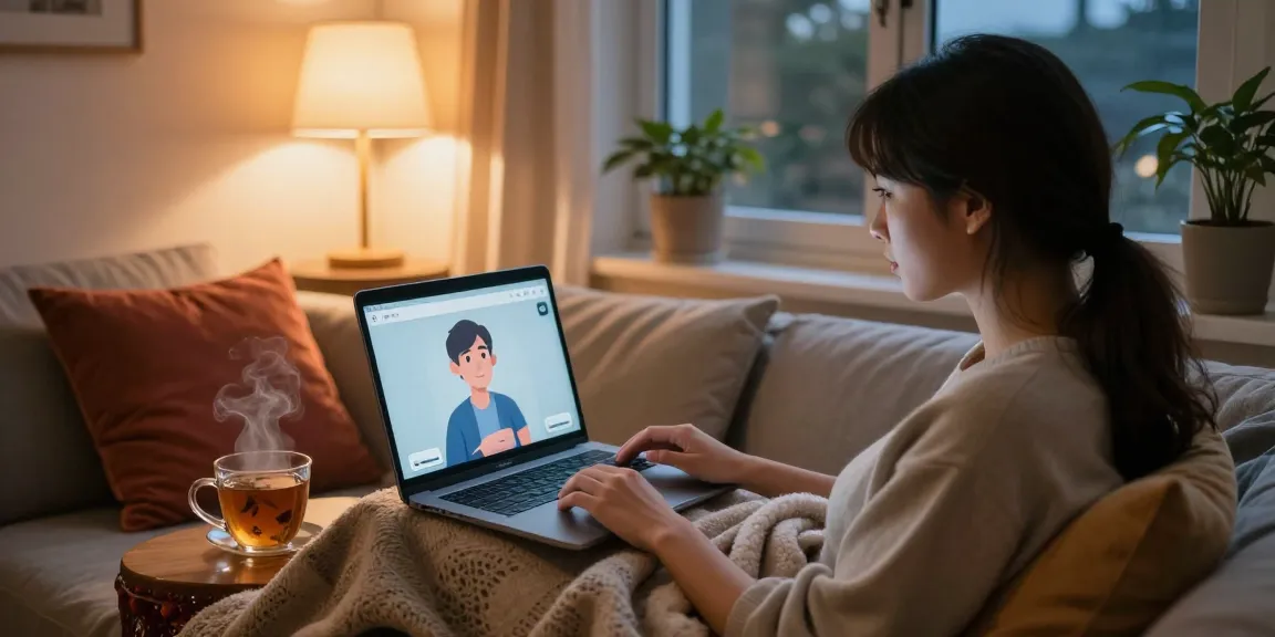Engaging in an ai sex chat on a cozy laptop setup with an animated character.