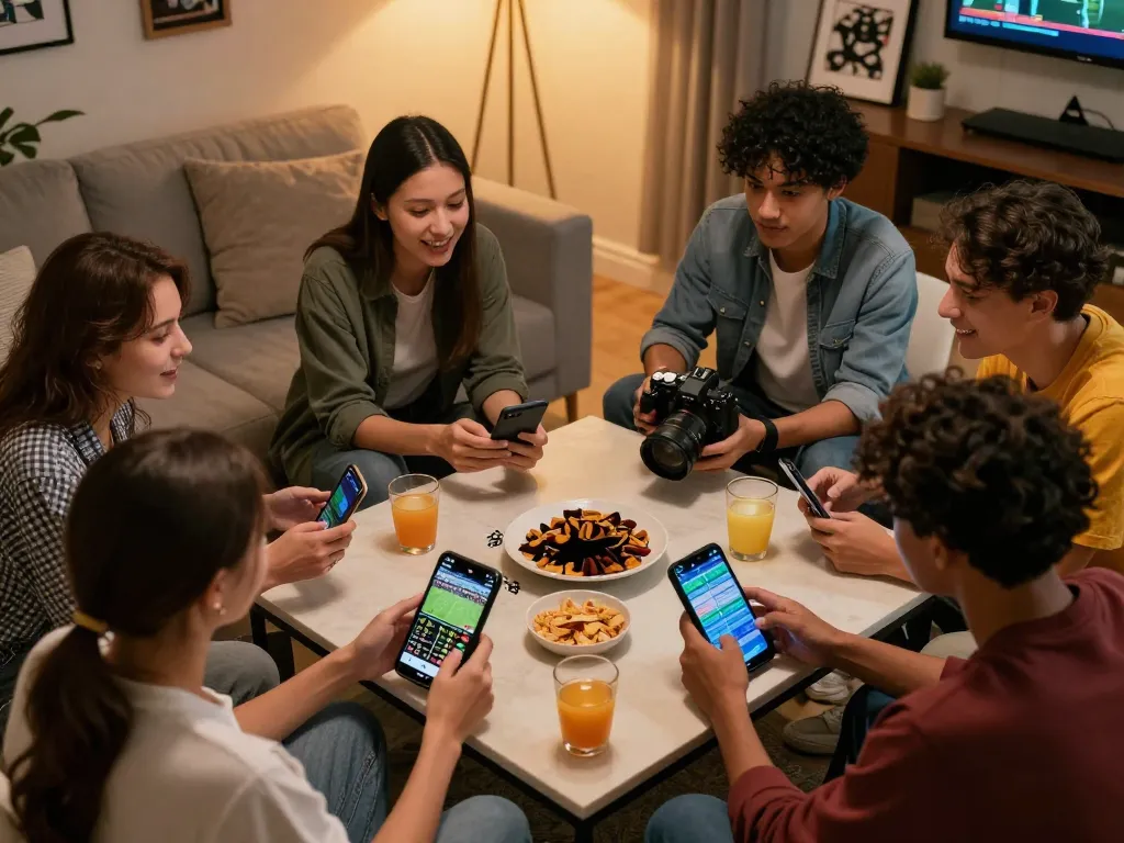 Friends engaging in live sports betting analysis with keonhacai apps on their phones, snacks, and excitement filling the cozy room.
