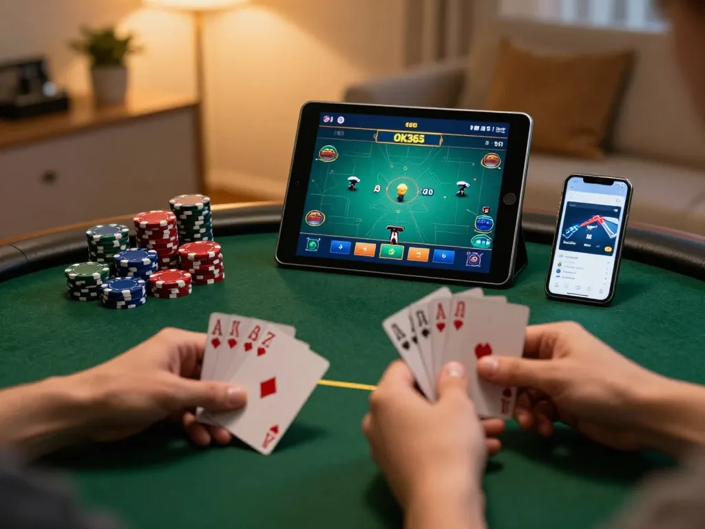 Player enjoying online poker on OK365 app, showcasing strategic gameplay in a cozy home setting.