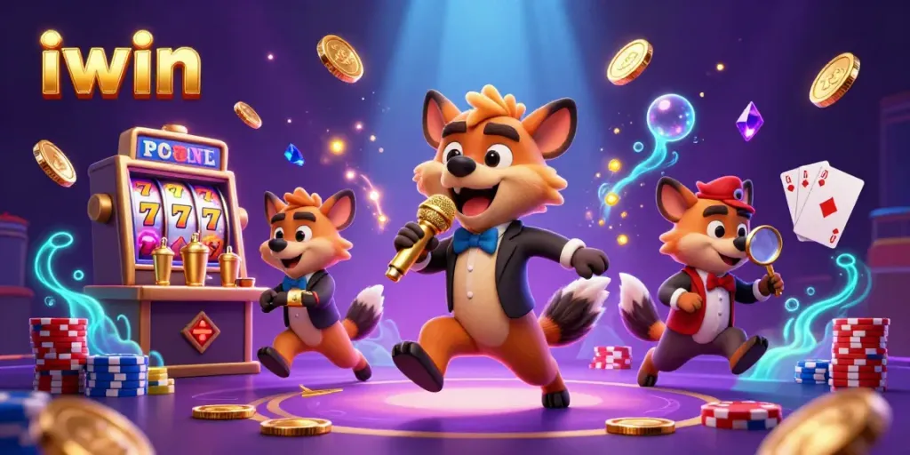 Engage with iwin's comedy casino scene featuring hyenas, slot reels, and vibrant gameplay actions.