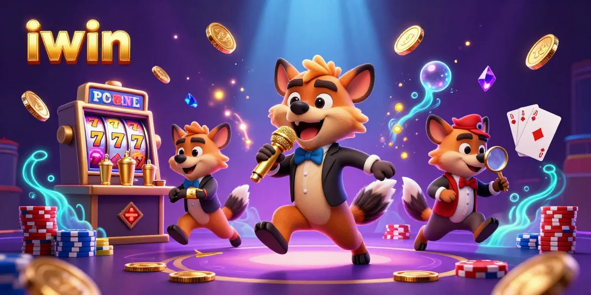 Engage with iwin's comedy casino scene featuring hyenas, slot reels, and vibrant gameplay actions.