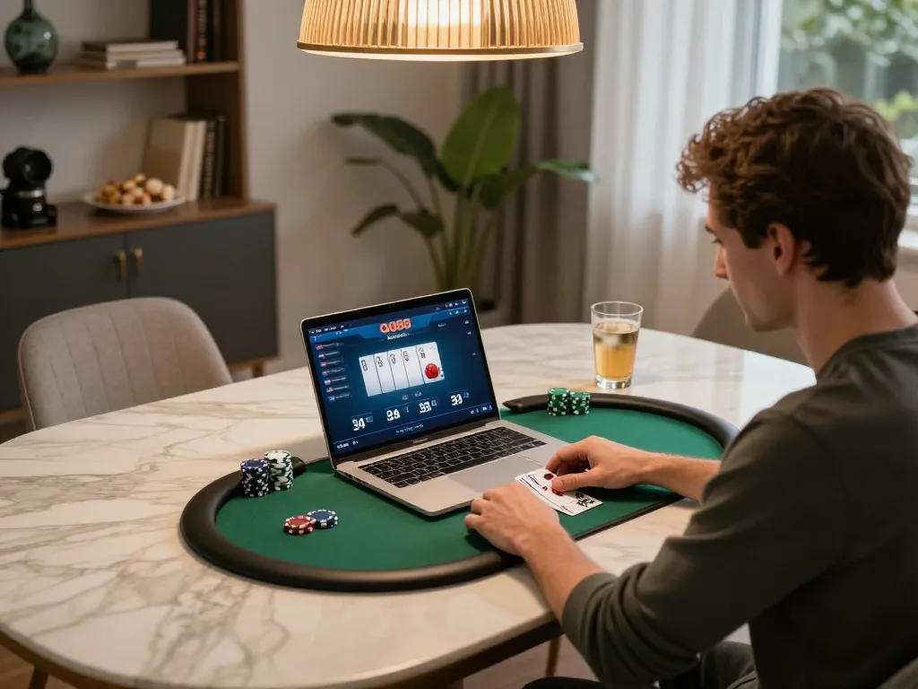 Engaged player focusing on QQ88 COM poker game with chips and cards in elegant home setting