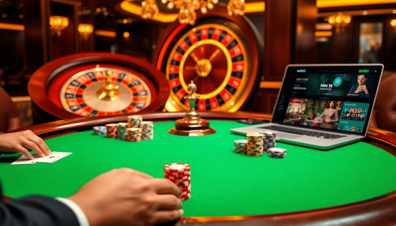 Players strategizing at a poker table with mint88 branded chips and cards in a glamorous casino.