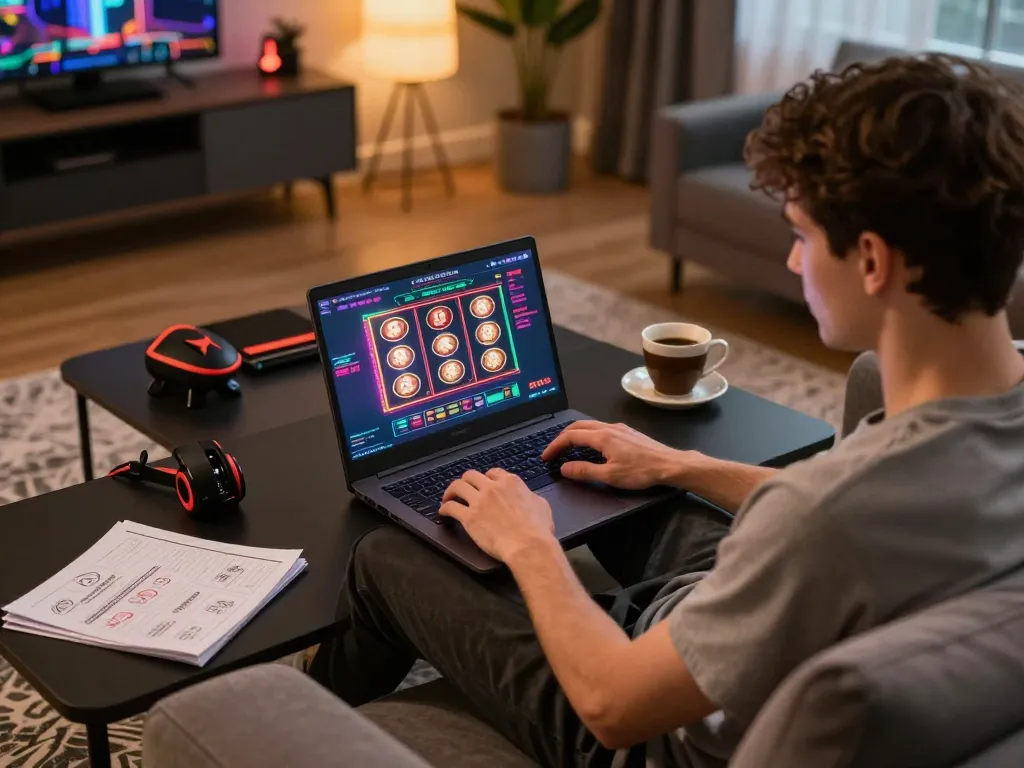 Engaged player experiencing luck8biz online casino gaming on a laptop in a cozy living room